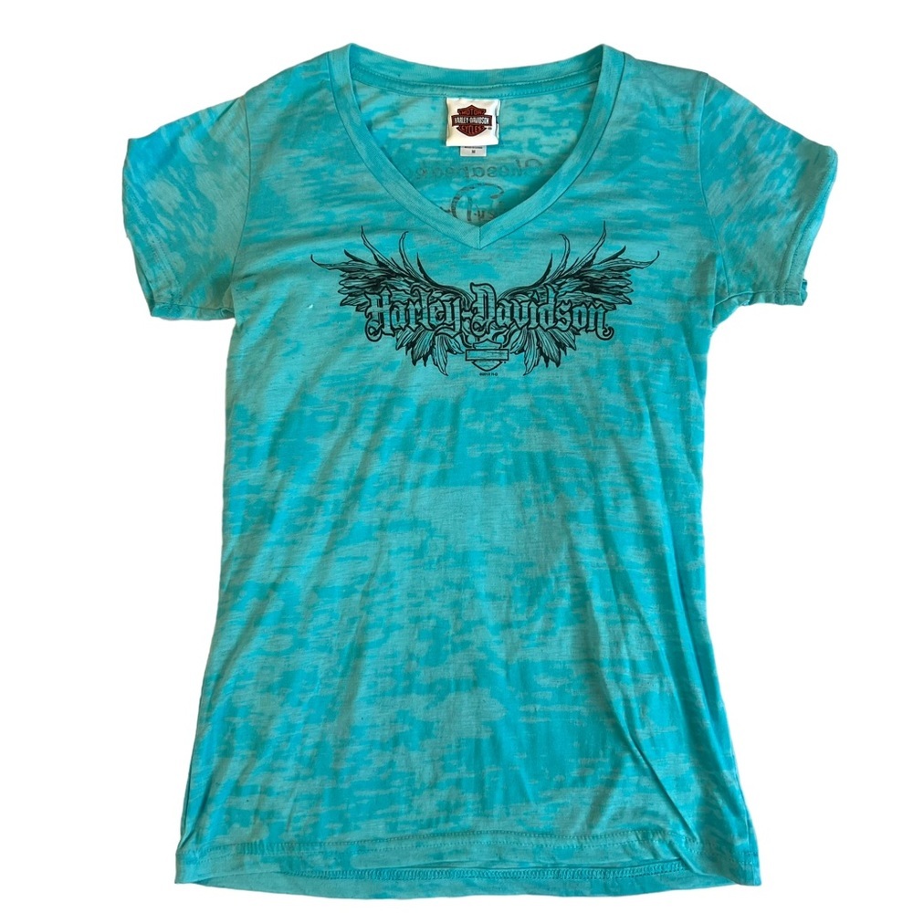 Harley Davidson Tee Womens MEDIUM Blue Graphic Double Sided V-Neck Chesapeake